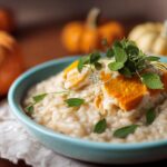 Risotto cremoso con zucca e speck, decorato con erbe fresche, piatto caldo e invitante.